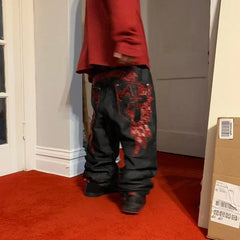 High Street Gothic Embroidered Black Red Pattern Y2K High Waist Jeans American Retro Street Couple Casual Pants