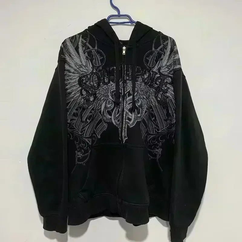 Korean Simple Gray Double Sided Oversized Zipper Hoodie Y2K Harajuku Gothic Casual Joker Couple Sweatshirt