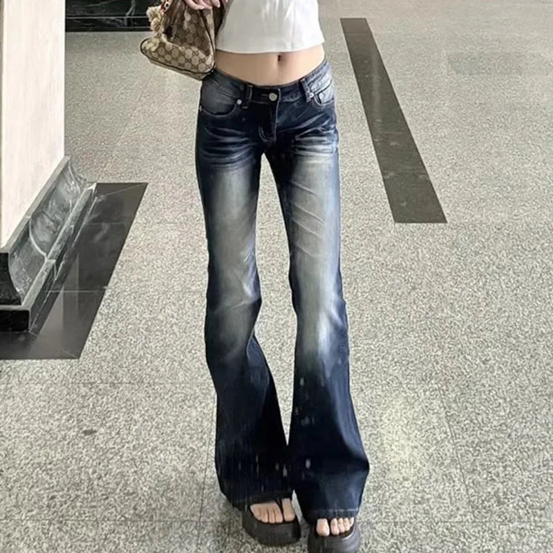 Washed Denim Flares Pants Korean Style Low-Waist Slimming Wide Leg Jeans Streetwear Slim Y2K Trousers