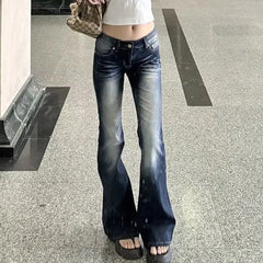 Washed Denim Flares Pants Korean Style Low-Waist Slimming Wide Leg Jeans Streetwear Slim Y2K Trousers