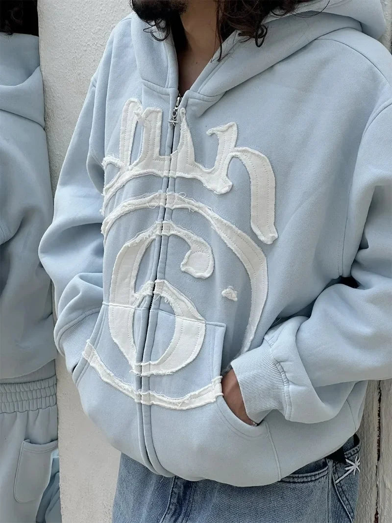 Vintage Hip Hop Letter Embroidery Zipper Hoodie Streetwear Sports Washed Loose Coat Y2K Punk Couple Hoodie Sweatshirt