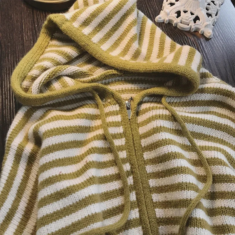Contrast Color Stripe Hood Knit Cardigan Women