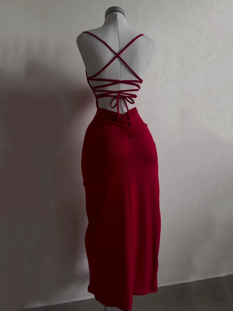 Backless Lace Up Long Dress Split Sleeveless Bodycon Party Club Evening Dresses High Street Suspender Robes