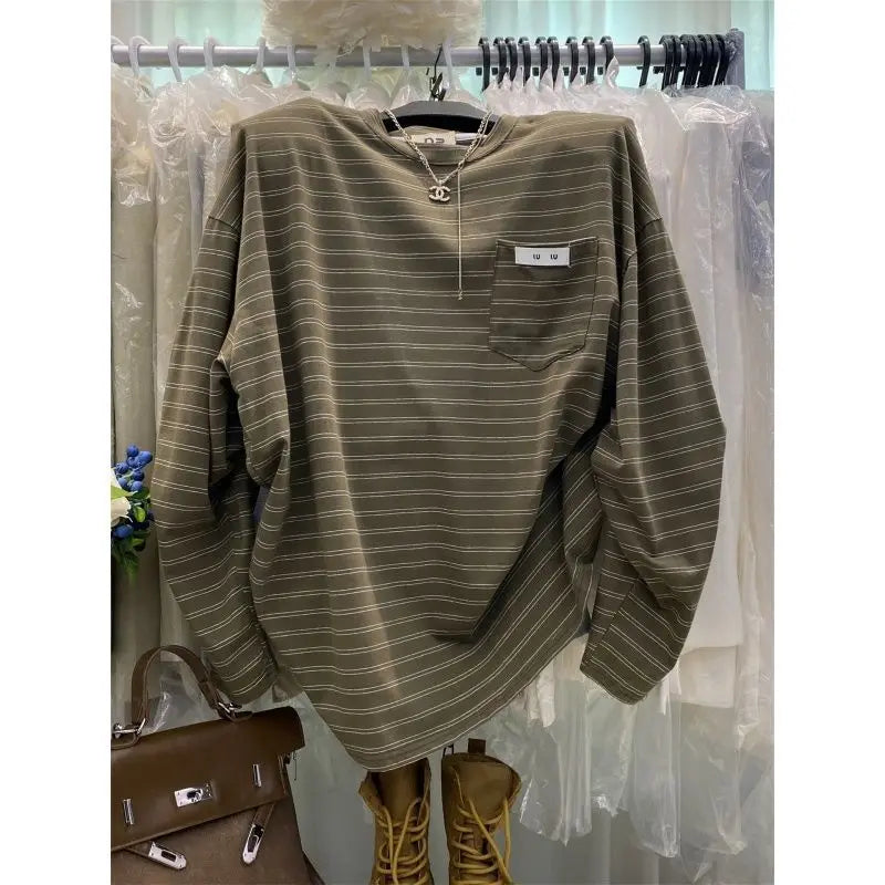 Loose Long Sleeve Striped T-Shirtable Retro Korean Style Casual Top Thin Medium Length Lazy Style T-Shirt