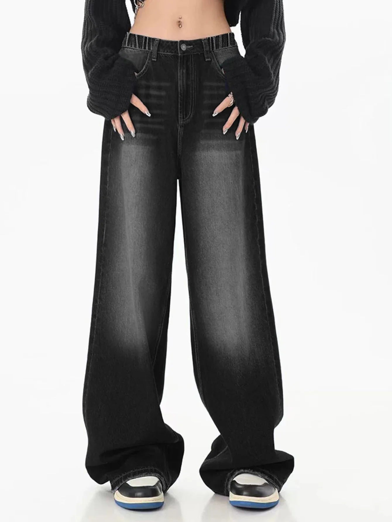 Vintage black washed loose straight-leg jeans