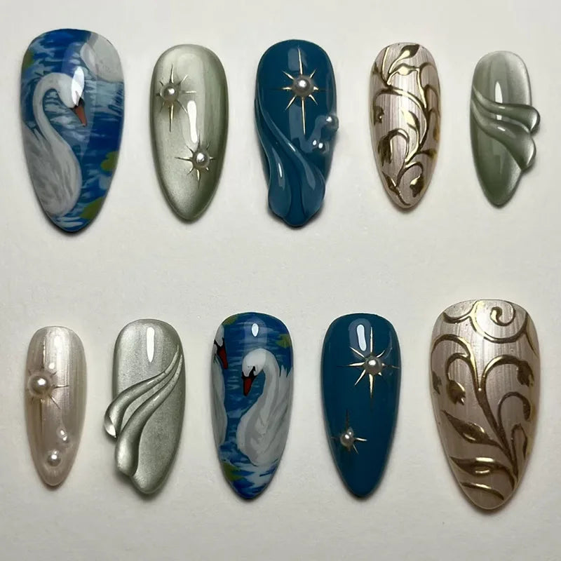24Pcs Black Y2k Long False Nails with Almond Head Design Cat's Eye Silver Stripe Pattern Press on Fake Nails Wearable Nail Tips