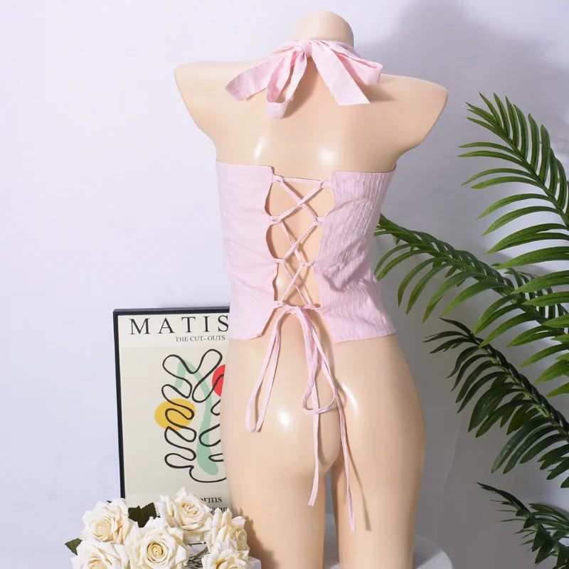 Chic Pink Pleated Sleeveless Tops Lace Up Off Shoulder Slim Fit Halter Vest Vacation Party Top