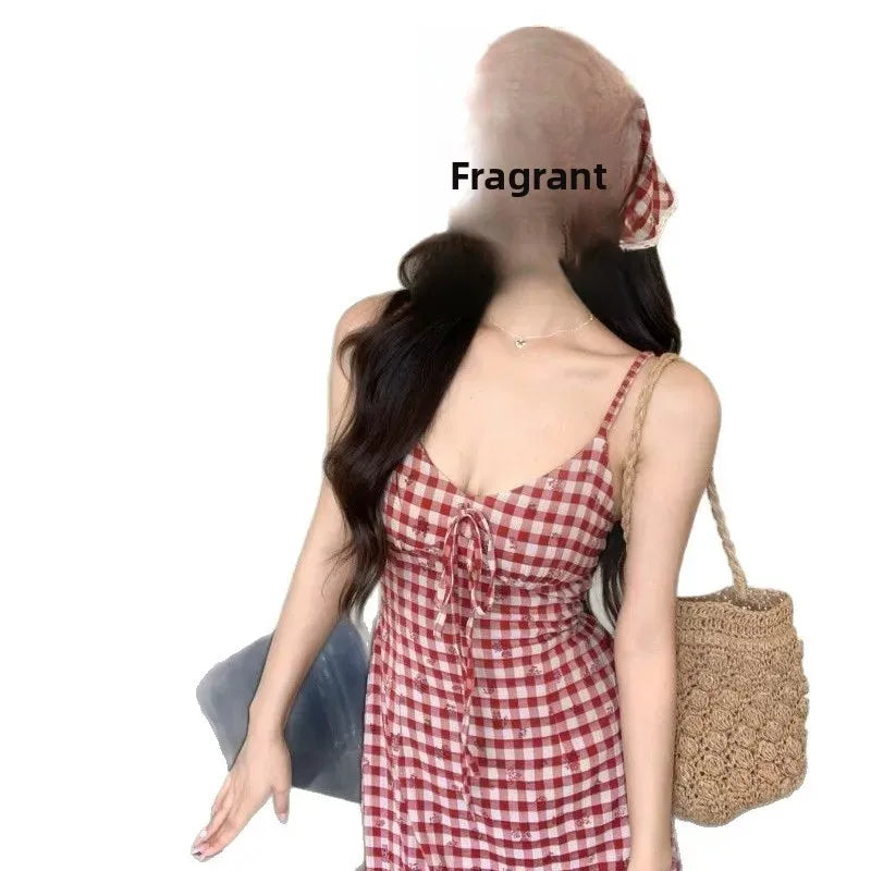 Red Plaid Off-Shoulder Dress Slim Fit Waist-Cinching Long Skirt V-neck Midi Dress Polyester Fiber Sleeveless
