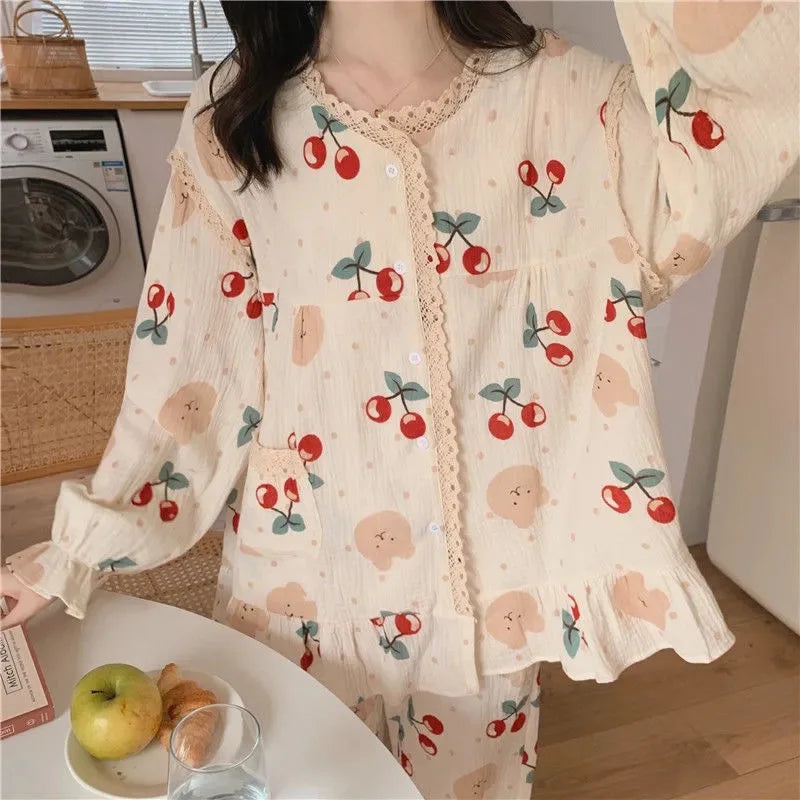 Princess Style Plus Size Student Nightwear Ladies Sweet Breathable Crew Neck Sleepwear Loungewear