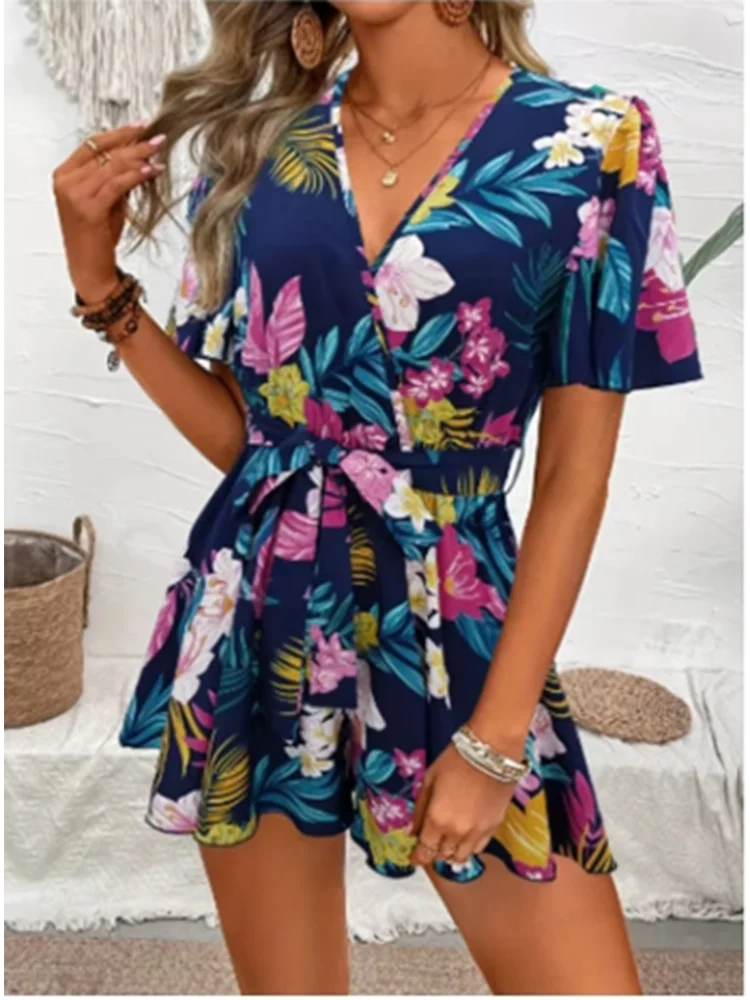 Printed V-neck Short Sleeve Jumpsuit Loose High Waisted Jumpsuit Beach Vacation Comfortable Clothes