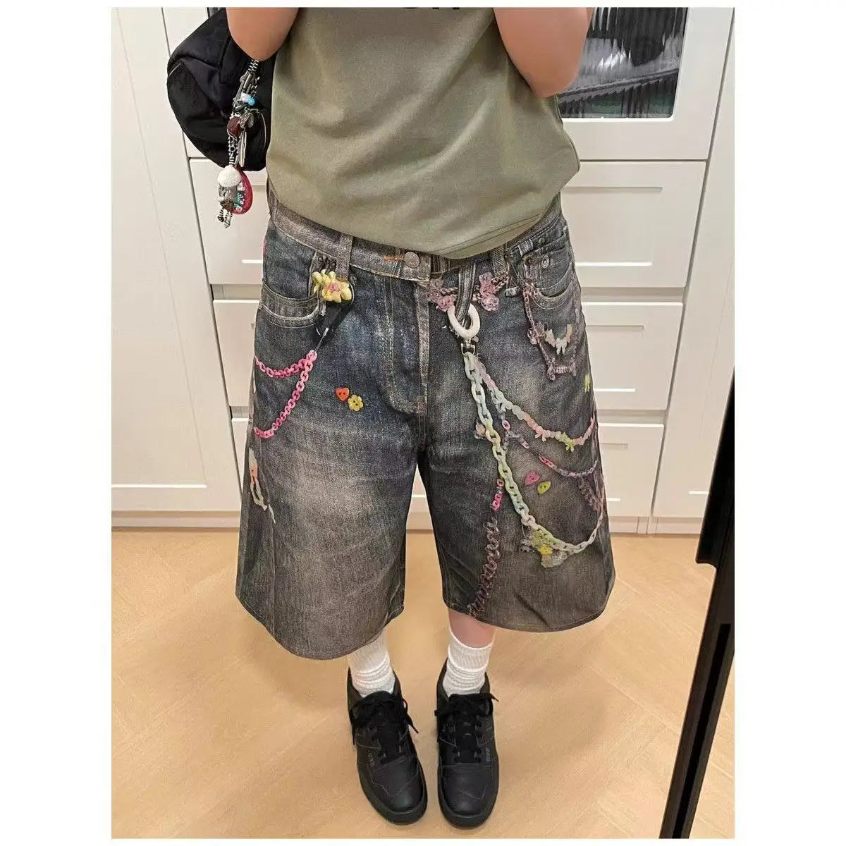 3D Chain Old Jeans American Tie-Dye Splash-Ink Hip Hop Pants High Street Y2K Punk Graffiti Hip Hop Couple Straight Pants