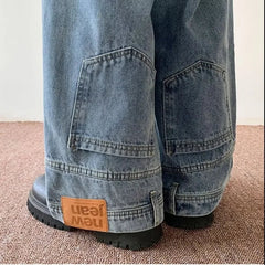 American Style High Street Upside Down Design Sensibility Jeans European Hip Hop Streetwear Fit Straight Leg Pants