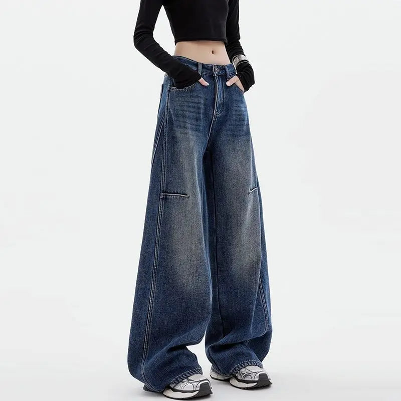 Student Casual Blue Jeans Wide-Leg Pants Loose Drape Straight-Leg Trousers Floor Pants Streetwear