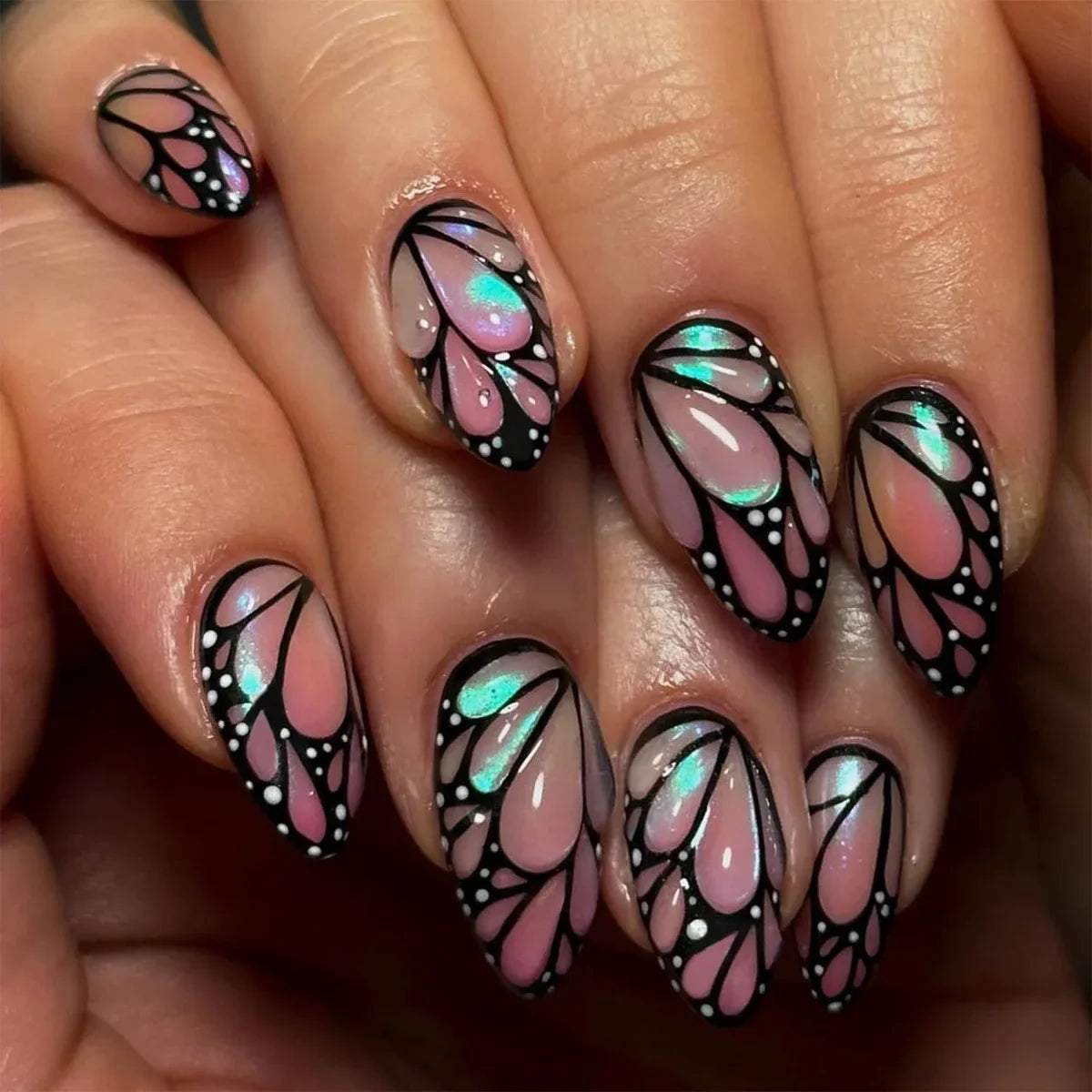 Red Y2K Wearable Nail Art Chic Silver Butterfly Love Metal Bead Almond False Nails Detachable Finished Fake Nails Press on Nails