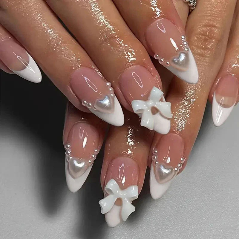 24Pcs Brown Plaid Press on Nails French Bow False Nail Medium Almond Atmosphere Wearable Nail