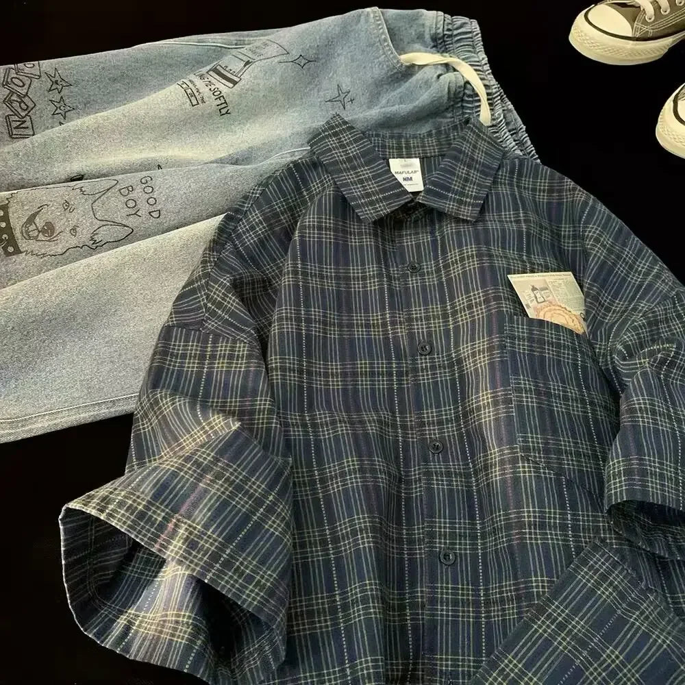 Japanese Vintage Plaid Short Sleeve Shirt Streetwear Loose Fit Casual Stylish Versatile Half Sleeve Underwear
