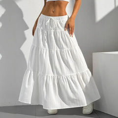 Loose Long Skirts White Solid Basic Lace Up Bow Cake Dress Casual Sweet Office Lady Clothes