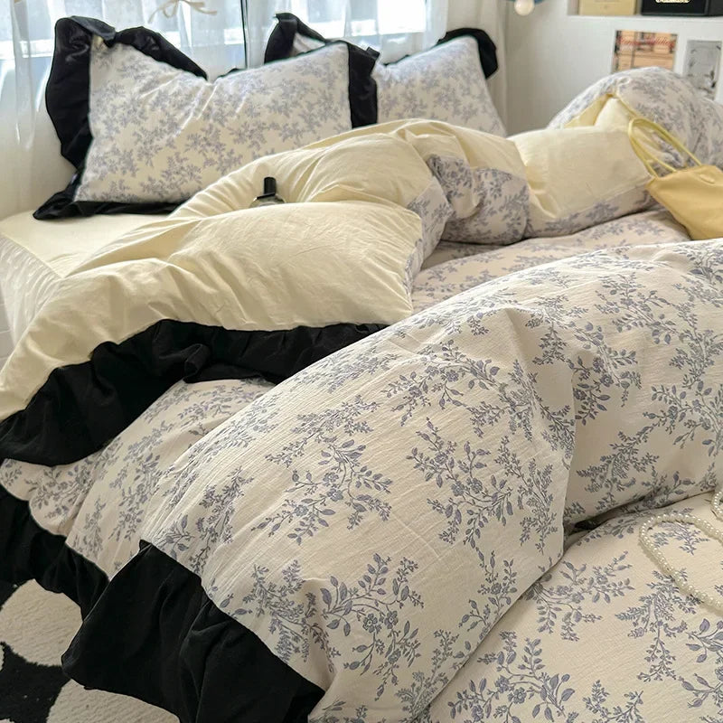 1.5/1.8 Korean Style 100% Cotton Fitted Sheet Sets with Lace Flower Print Bedding Set
