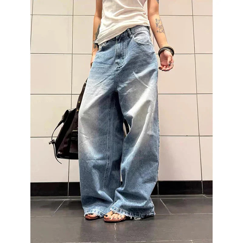 YIBASHU Women Baggy Blue Jeans Y2k Japanese Streetwear Denim Pants Wide Fit American Retro Grunge Hip-pop Harajuku Cowboy 2000s
