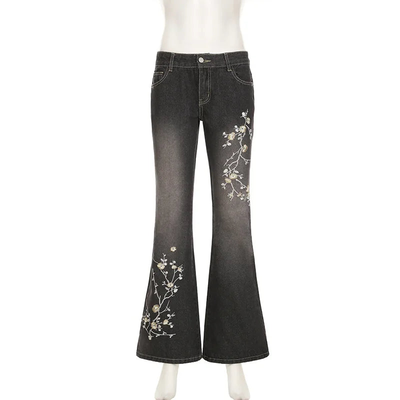 -Floral Embroidery Jeans Vintage 2000s Low Rise Flared Jeans Retro y2k Baggy Denim Pants High Street Basic Trousers