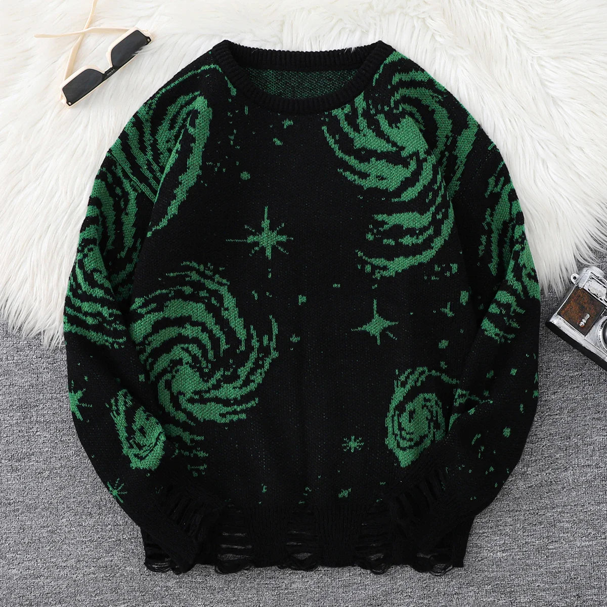 Trendy Street Style Ripped Abstract Starry Sky Pattern Pullover Ripped Sweater Casual Crew Neck Knitted Pullover