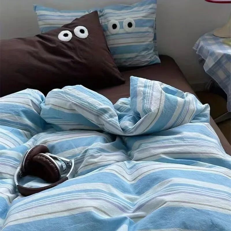 Cute Duvet Cover Set with Sheet Pillowcase No Filler Warm Solid Color Bed Linen Full Queen Size Korean Big Eyes Home Bedding Set