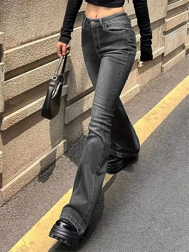 Flare Stretch Moustache Jeans Skinny Bell Bottom High Waist Gray Denim Pants Lady Classic Y2K Punk Long Trousers