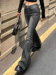 Flare Stretch Moustache Jeans Skinny Bell Bottom High Waist Gray Denim Pants Lady Classic Y2K Punk Long Trousers