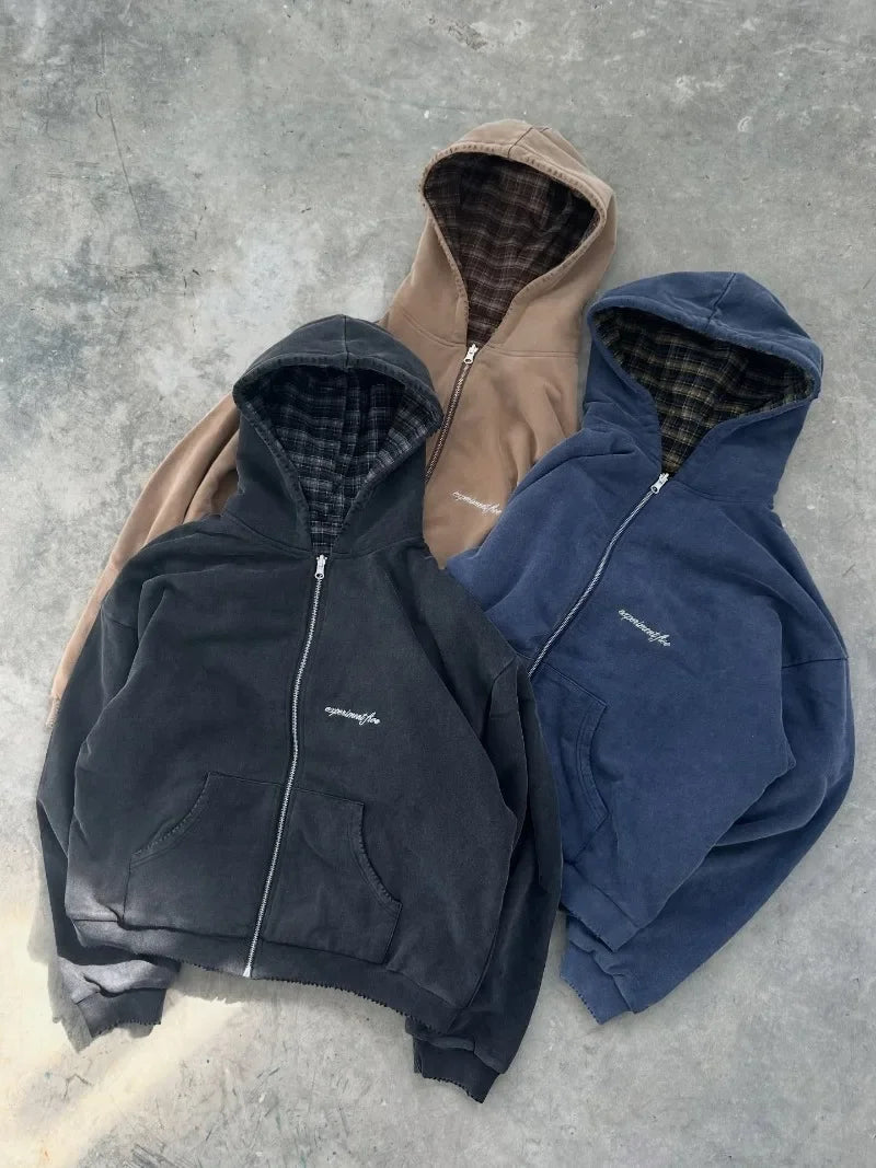 Korean Simple Blue Double-Sided Oversized Zipper Hoodie Y2K Harajuku Gothic Casual Joker Couple Street Wear