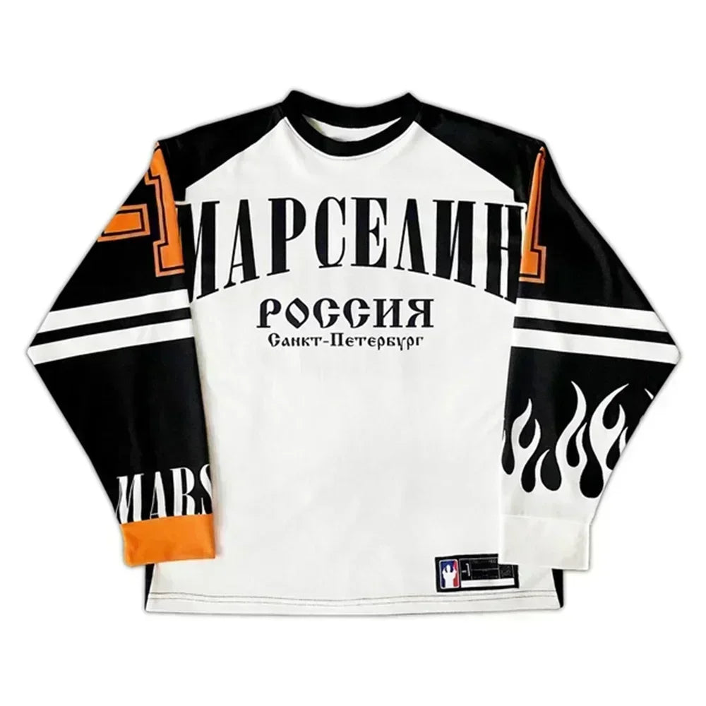 Y2K American марселин Jersey Long Sleeved T Shirt Street Wear Casual Baseball Jacket Harajuku Retro Loose Sports Shirt