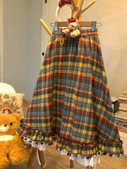 Kawaii Vintage Cute Plaid A-line Skirt Design Chic Elastic Waist Patchwork Skirt Pretty Loose Skirt Y2k