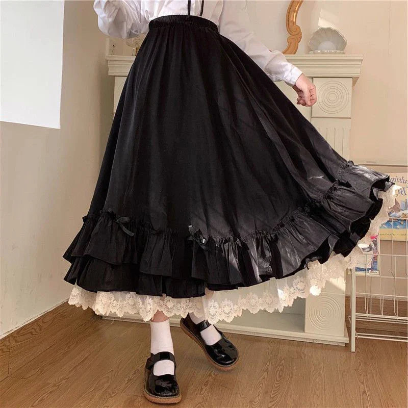 Sweet Midi Skirt Lace Patchwork Bow Preppy Fall Loose Casual Skirts Japanses Ruffle High Waist Solid Chic Skirt