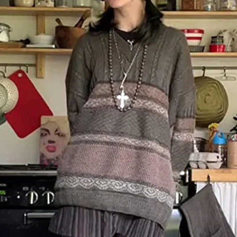 Dourbesty 2000s Vintage Sweater Y2K Casual Striped Long Sleeve Round Neck Preppy Style Pullover Tops Retro Grunge Knitwear