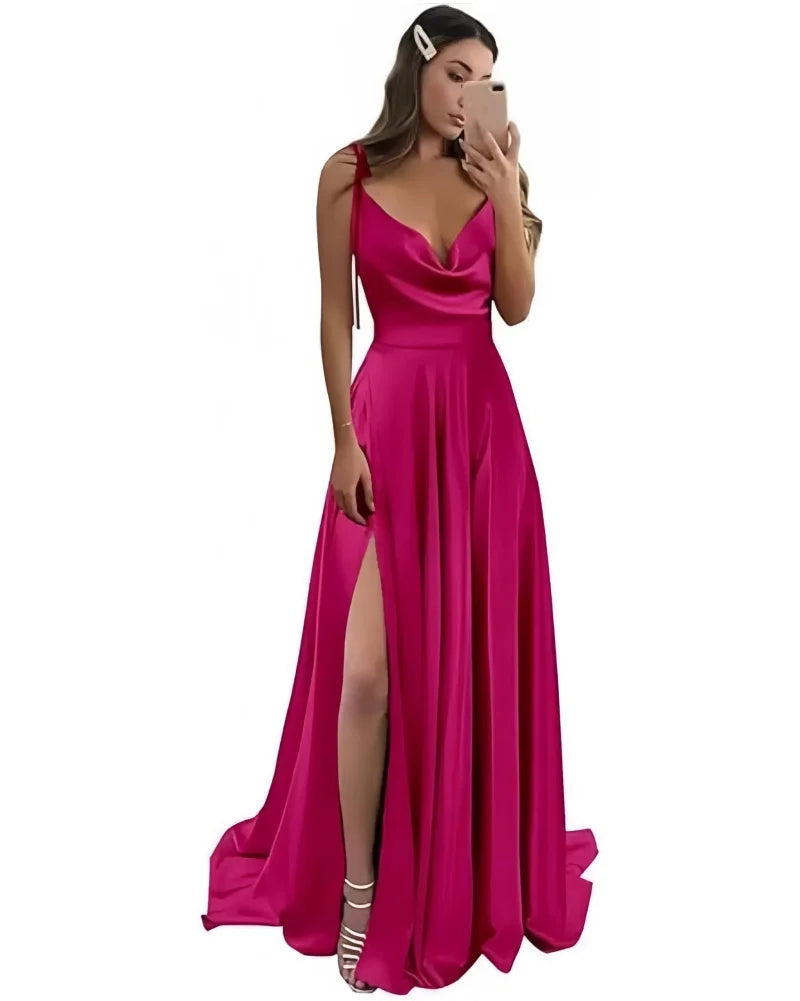 Satin Prom Dresses Pockets Draped Neck Long