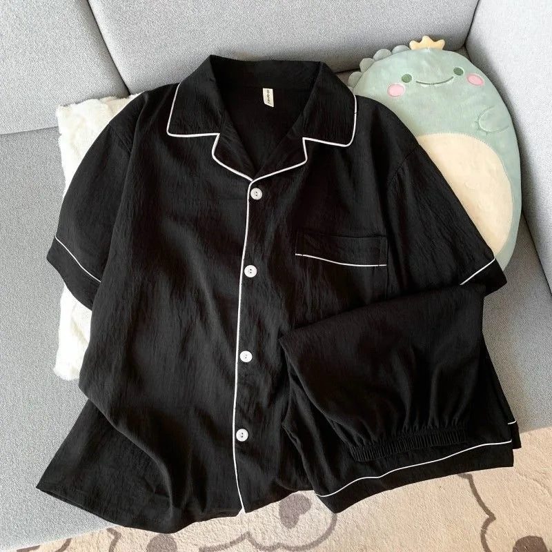 Luxury Pajama Set Solid Color Short Sleeve Lapel Top