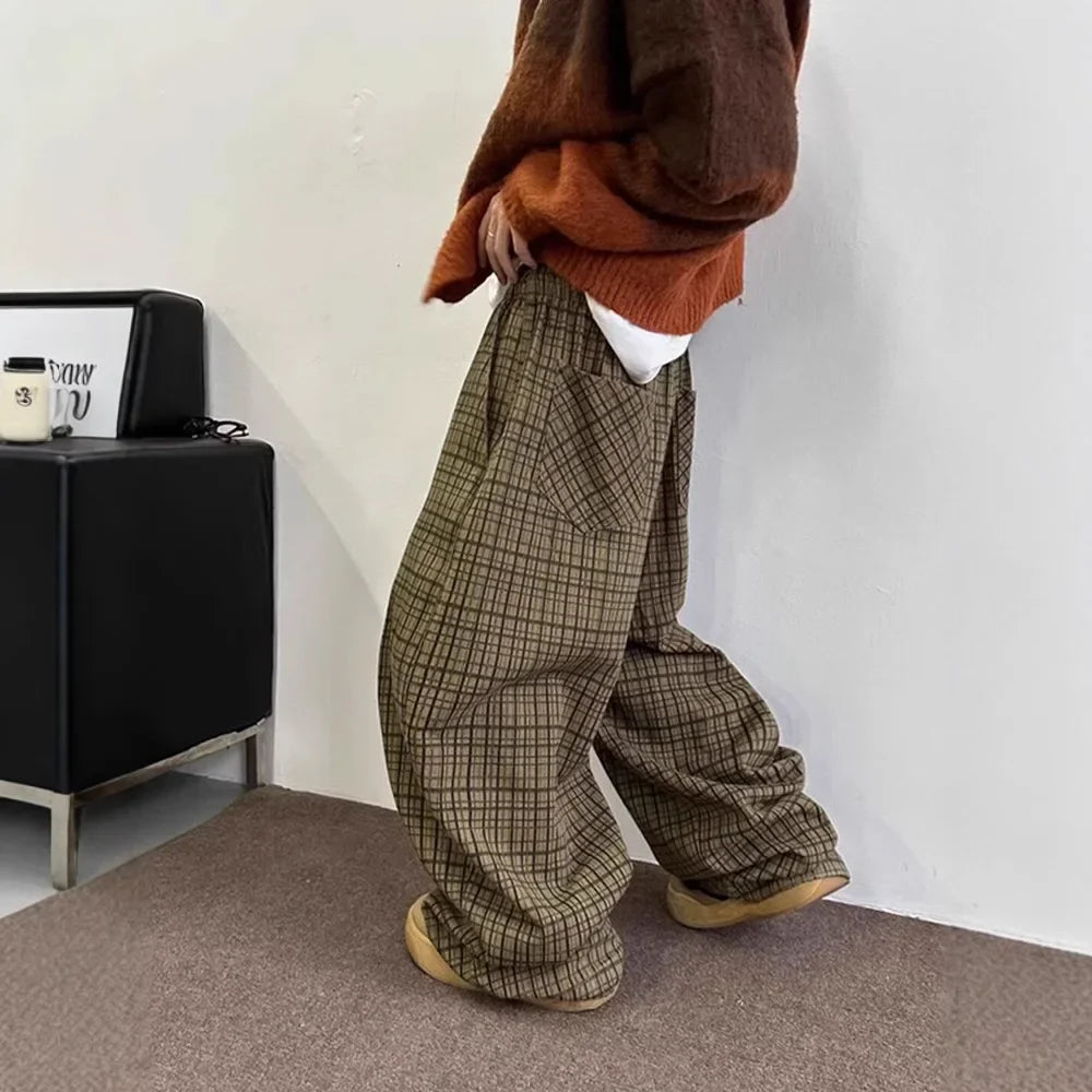 Loose Wide Leg Casual Pants Vintage Japanese Style Plaid Loose Trousers Drapey Floor-Length