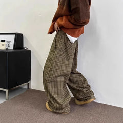 Loose Wide Leg Casual Pants Vintage Japanese Style Plaid Loose Trousers Drapey Floor-Length