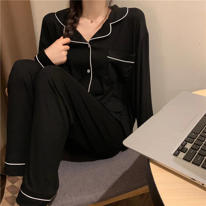 Korean Style Cute Pajama Sleepwear Lady Long Sleeve Tops Pants 2Piece Pyjamas Solid Lingeries Sets Nightwear