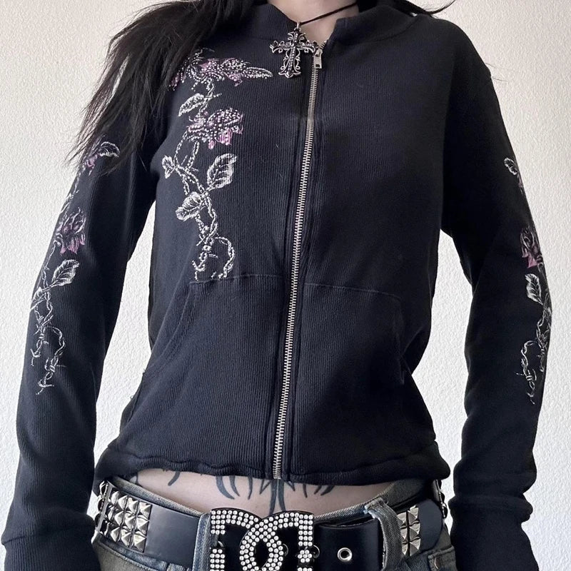 00s Vintage Jacket Y2k Grunge Zip Up Sweatshirt Flower Wings Print Slim Fit Hoodies E-girl Gothic Cool Street Outwear
