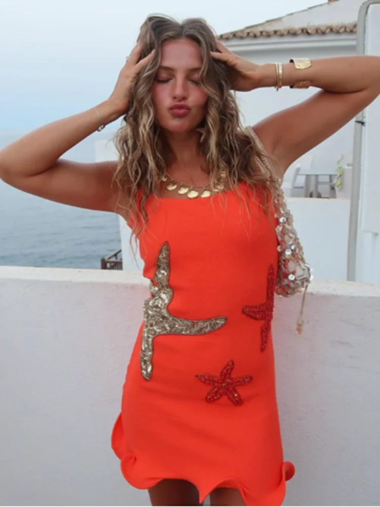 Chic Shinny Starfish Sequins Slim Mini Dresses U Neck Backless Sleeveless Vestidos Elegant Lady Evening Party Gowns