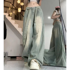 Retro American Denim Jeans High Waist Wide Leg Pants Vintage Washed Design Slimming Effect Style