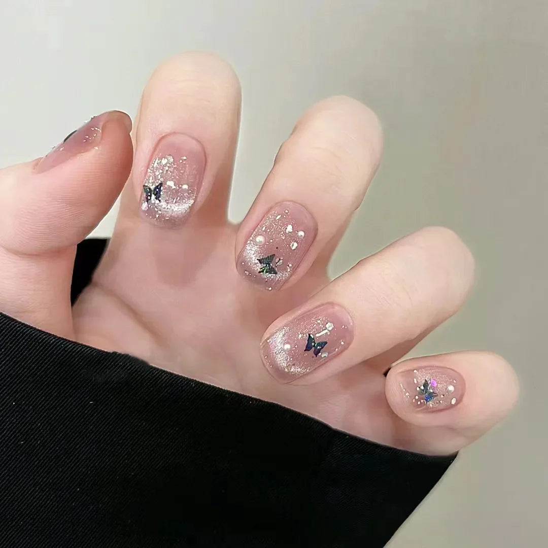 24Pcs Glitter Diamond Press On Nails Sweet Cute Girl Acrylic Nails Full Cover Short Square Fake Nails Wearable Manicure Nail Tip