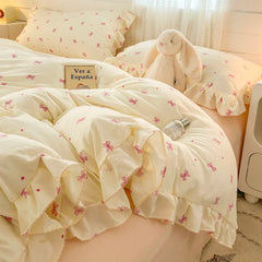 INS Princess Style Bedding Sets Ruffle Lace Bow Quilt Cover Romantic Bedclothes Decor Girls Bedroom Duvet Cover 4pcs