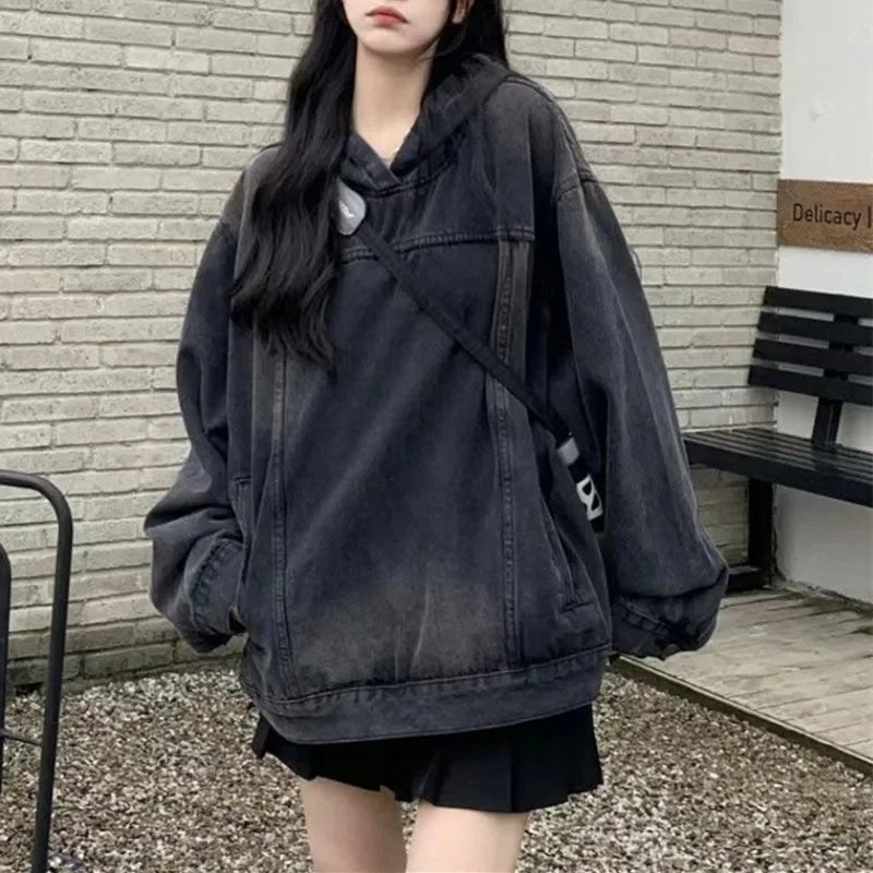 American Style Vintage Denim Sweatshirt Jacket Loose Fit Hooded Pullover Sweatshirt Trendy Arrival
