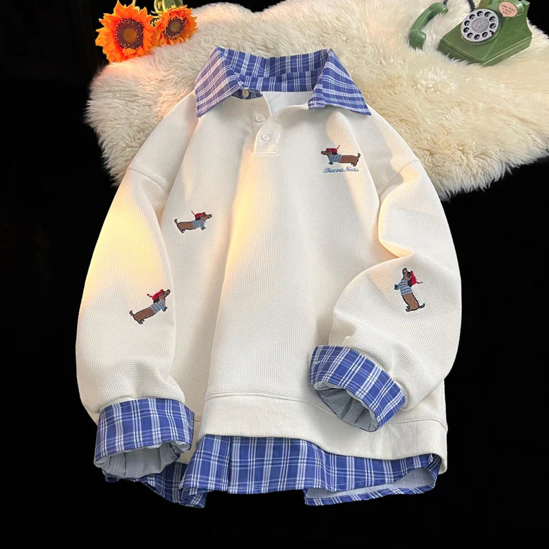 Plaid Patchwork Fake Two Sweatshirt College Style Puppy Embroidery POLO Collar Sweatshirt Loose Pullover Tops