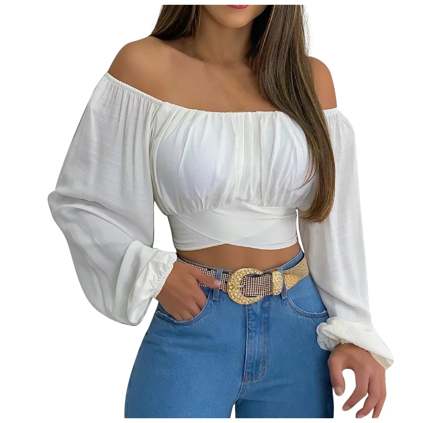 Off Shoulder Shirts Puff Long Sleeve Y2K Crop Tops Clothes Black White Blouse Bandage Elegant Shirt
