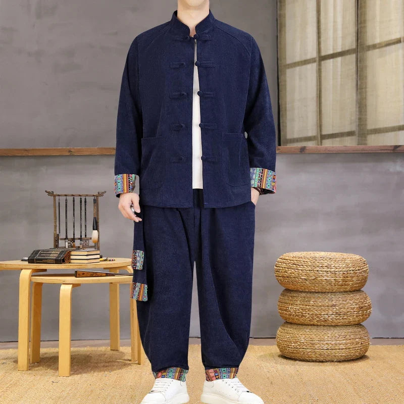 Chinese Style Casual Set Ethnic Two Piece Cotton Comfort Stand Collar Jacket Retro Frog Buttons Cuff Ethnic Print Loose Fit