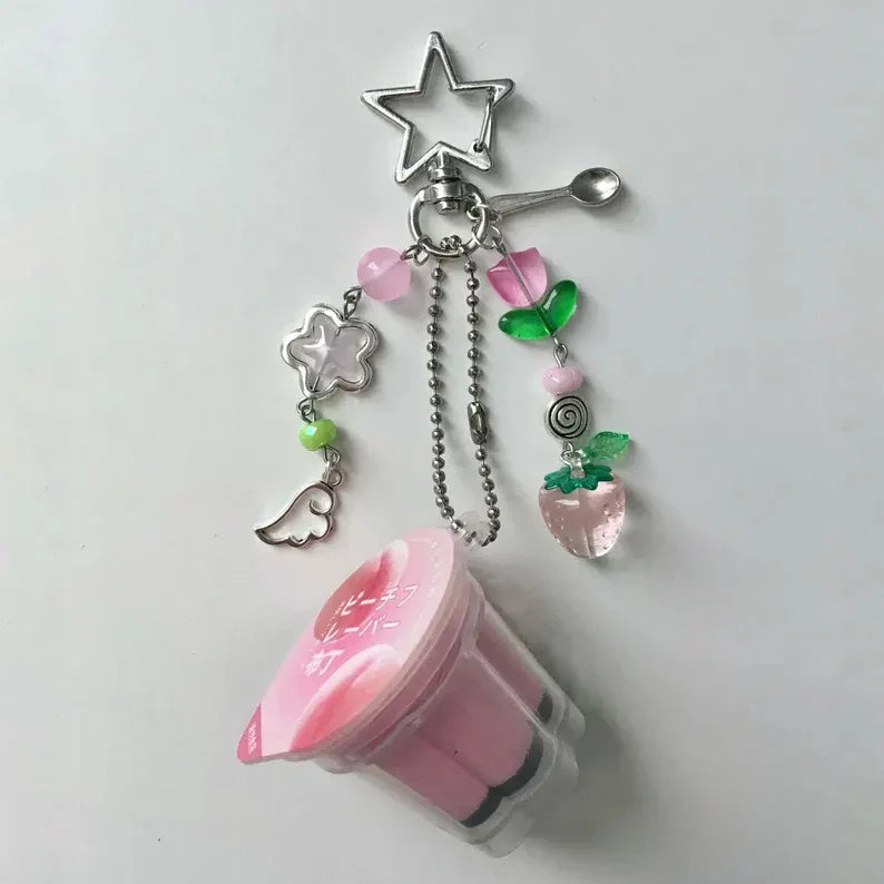 Japanese Pudding Keychain, Pink Yellow Egg Flan Charm, Y2K Heisei Retro Beaded Accessory