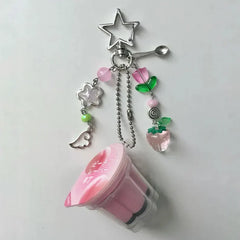 Japanese Pudding Keychain, Pink Yellow Egg Flan Charm, Y2K Heisei Retro Beaded Accessory