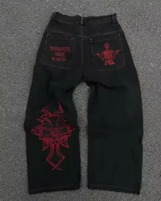 Y2K American Embroidery Diamond Retro Punk Low Waist Casual Jeans Blue Jeans Wings Pattern High Street Slim Leg Pants
